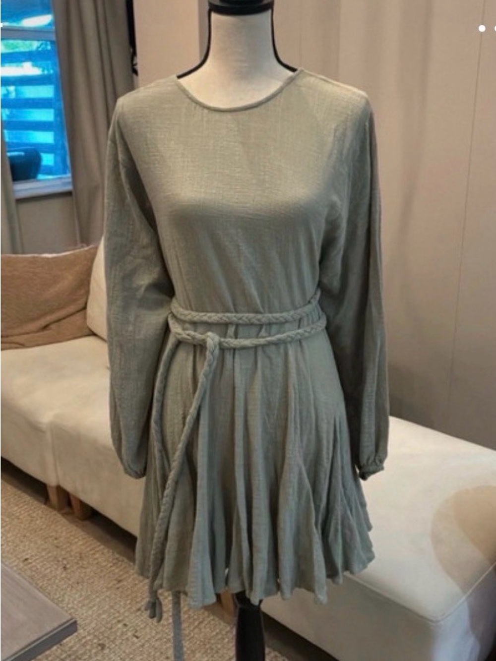 Disney Sage Green Long-Sleeve Midi Dress with Braided Waist Tie